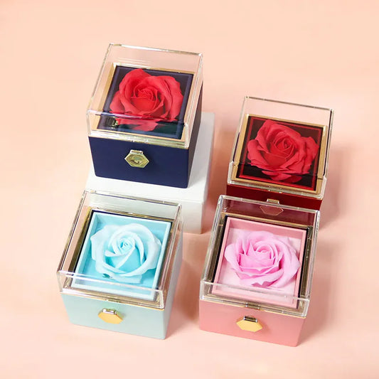 1PC Rotating Valentine's Day Marriage Proposal Jewelry Box Creative Design Rose Preserved Flower Eternal