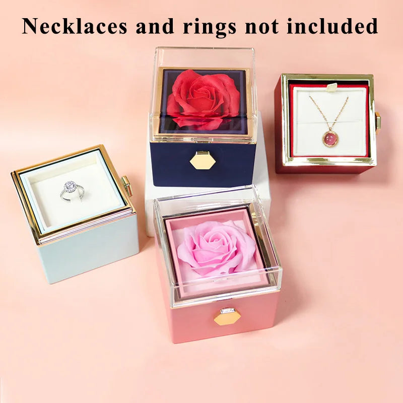 1PC Rotating Valentine's Day Marriage Proposal Jewelry Box Creative Design Rose Preserved Flower Eternal