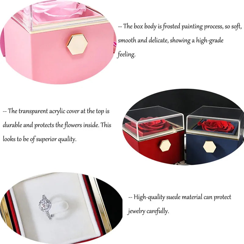 1PC Rotating Valentine's Day Marriage Proposal Jewelry Box Creative Design Rose Preserved Flower Eternal